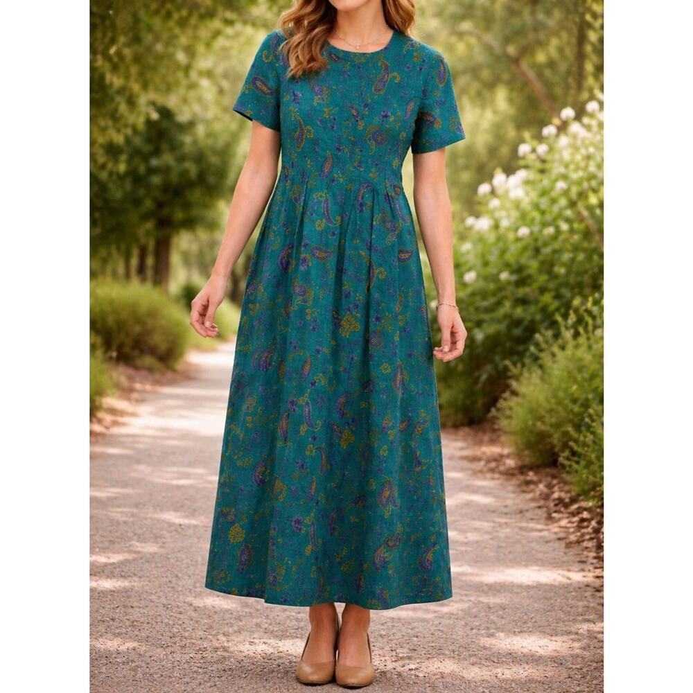 Vintage 90s Teal Floral/Paisley Pleated Front Tie Back Midi Dress Cottagecore
